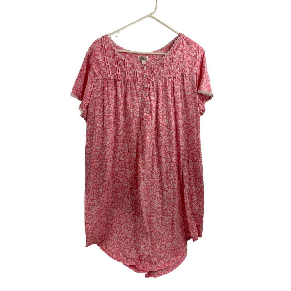 Aria Collection Nightgown 2X Pink Floral Lace Trim Cotton Sleepwear Women